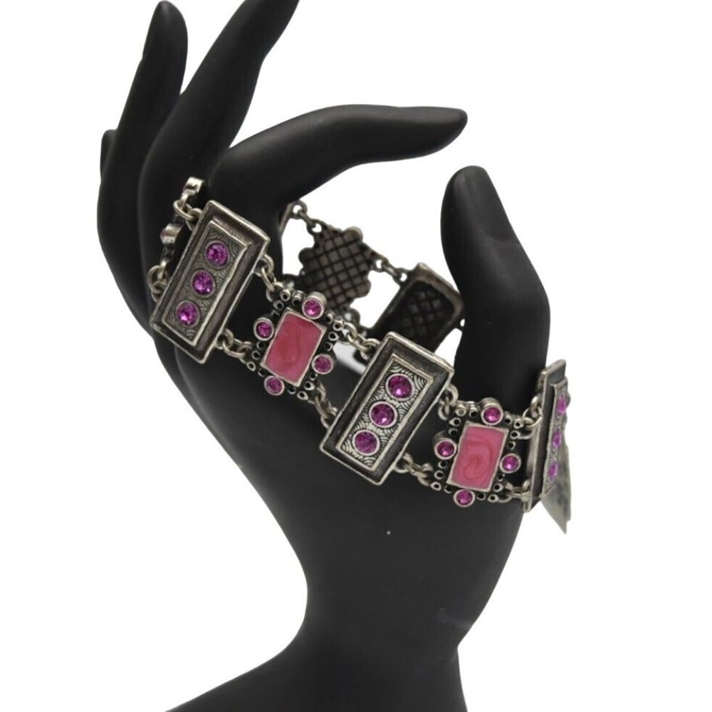 Chicos Bracelet Pink Rhinestones Enamal Silver Tone Handcrafted New Old Stock